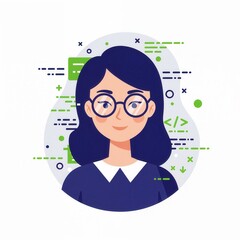female programmer cartoon with glasses and code elements for tech design or blog
