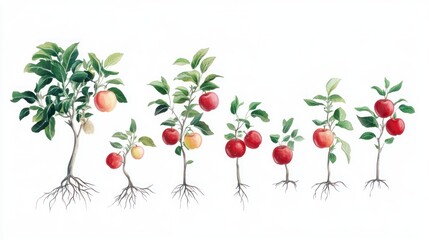 Apple tree growth stages illustration, orchard background, educational poster