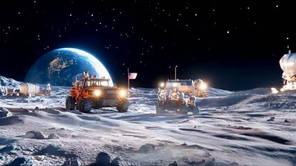 Wall Mural - exploration vehicles traversing lunar terrain with earth visible in background, multiple transport u