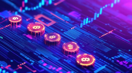Poster - Financial growth and investment concept with digital bar charts, blockchain integration, and futuristic currency icons.