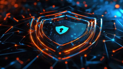 Poster - Holographic fintech security shield protecting digital transactions and personal finance.