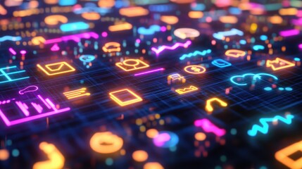 Poster - Neon-lit financial technology symbols, including cloud banking, AI-driven finance, and instant money transfer icons.