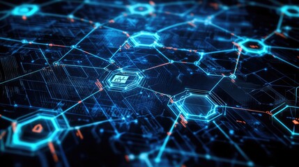 Poster - Smart contract concept with blockchain verification process, decentralized ledger icons, and futuristic coding elements.