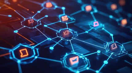Poster - Tokenized digital assets with a futuristic blockchain-based transaction ledger and decentralized finance symbols.