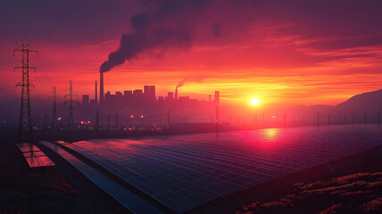 Poster - Harnessing solar energy at dawn, solar power plants ready to generate renewable electricity