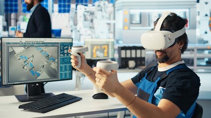 Poster - solar panels plant specialist using vr headset to develop new technologies harnessing sun power. pho