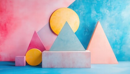 Leinwandbilder - Collection of playful geometric shapes in pastel colors arranged on a vibrant blue and pink background showcasing modern artistic design