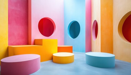 Poster - Collection of playful geometric shapes in pastel colors arranged on a vibrant blue and pink background showcasing modern artistic design