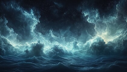 Poster - Night sky reflects on a tranquil sea illuminating a serene coastal landscape with clouds and vibrant stars above