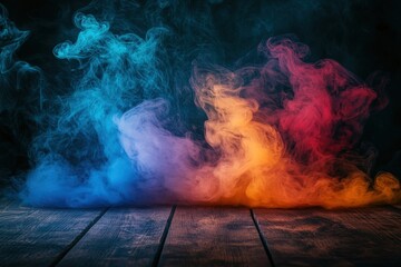 Poster - Colorful smoke gently disperses on a wooden table creating an ethereal atmosphere against a dark backdrop in modern artistic photography