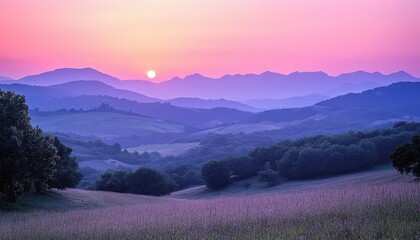 Fototapete - Breathtaking sunset over rolling hills in a tranquil landscape showcasing vibrant layers of purples and pinks during dusk