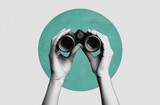 Hands holding binoculars, searching for opportunity.  A creative visual representation of exploration and discovery