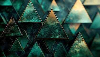 Aufkleber - Layered collection of green triangles creating depth and modern design on a stark black background, evoking a clean and sophisticated aesthetic featuring varying shades