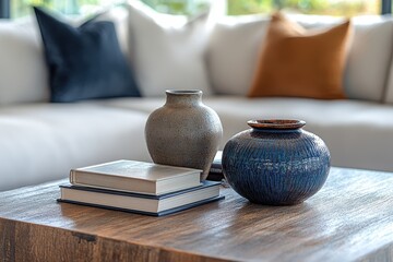 Poster - Stylish coffee table arrangement featuring decorative vases and contemporary books in a modern living room setting