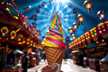 Poster - A hand holds a colorful rainbow swirl ice cream cone with a carnival Ferris wheel and festive lights blurred in the background, creating a fun and vibrant atmosphere.