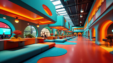 Poster - Vibrant modern interior featuring curved arches and lounge seating. Bold orange and teal color scheme creates a stylish, inviting space.