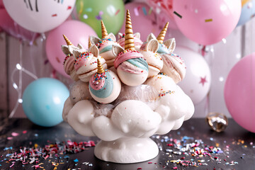 Aufkleber - Unicorn cake pops arranged in a cloud bouquet, perfect for a whimsical party. Pink and blue balloons create a festive, sweet treat display.