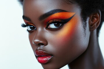 Poster - Bold makeup artistry captured in a beauty portrait featuring a model with striking expression against a white background