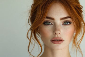 Poster - Bold makeup artistry captured in a beauty portrait featuring a model with striking expression against a white background