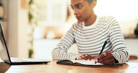 Poster - Education, writing and student with book, laptop or notes for online course in home, desk or college. Knowledge, reading and person with info for scholarship, university or learning for exam in house