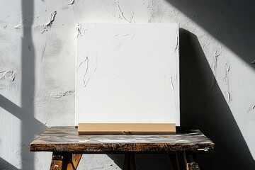 Poster - Blank canvas with texture on wooden easel against textured wall for minimalist product display in neutral lighting