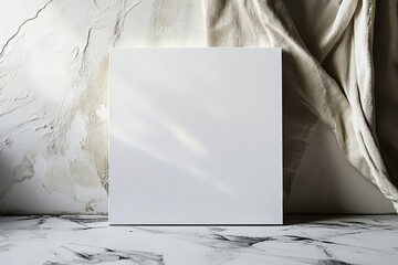 Poster - Blank canvas with texture on wooden easel against textured wall for minimalist product display in neutral lighting