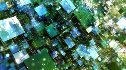 Aufkleber - Futuristic digital landscape featuring abstract green and blue glowing cubes in a complex geometric network