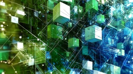 Aufkleber - Futuristic digital landscape featuring abstract green and blue glowing cubes in a complex geometric network