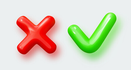 Glossy 3D checkmark and cross icon. Green tick represents approval, red cross indicates rejection. Decision making, choice, success, failure concepts. Web, UI, UX, design element. Vector illustration