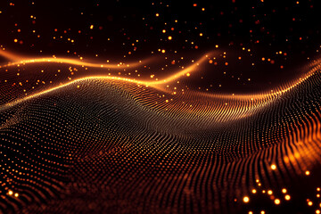 Fototapete - Golden Particles Flowing As Abstract Waveform on Dark Background