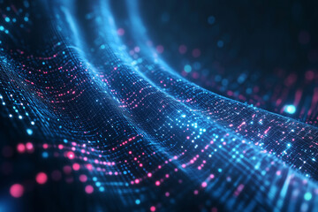 Poster - Abstract Wavy Digital Network with Glowing Particles Blue and Red