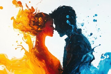 Poster - Couple in a loving embrace surrounded by vibrant colors and abstract shapes conveying the emotions of romance in an isolated white background