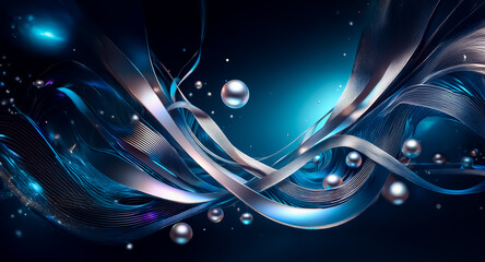 Aufkleber - elegant abstract background with flowing silver and blue ribbons and sphere elements on a dark backd