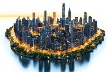 Fototapete - Dynamic urban skyline at twilight showcasing skyscrapers and a winding river reflecting city lights