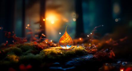 Canvas Print - illuminated droplet resting on moss in a dim forest, surrounded by foliage. magical, mystical and sl