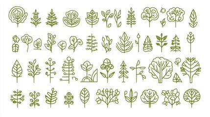 green line art tree icons; nature design elements; website background; graphic design