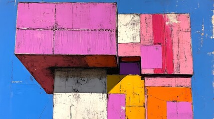 Aufkleber - digital artwork featuring a geometric, abstract structure composed of large, rectangular blocks stacked in a seemingly random arrangement painted in vibrant colors
