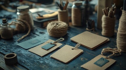 Fototapete - Craft supplies beautifully arranged on a distressed surface, showcasing labels, tags, and various materials for creative projects
