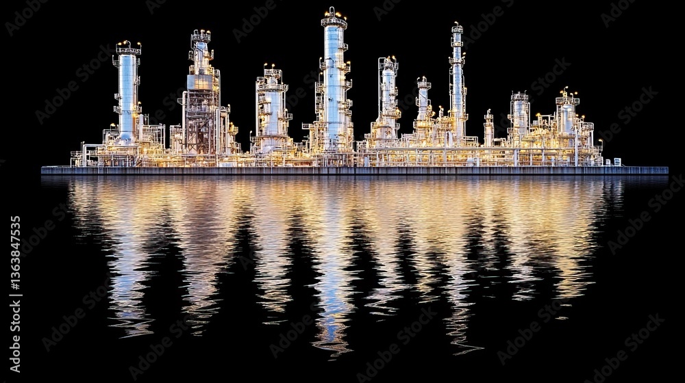Illuminated refinery complex reflected in calm water at night ...