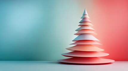 Poster - Modern Christmas tree design featuring abstract shapes and pastel colors, illuminated with warm lighting for a festive atmosphere during the holiday season