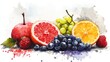 © DARPANA - Watercolor depicts an arrangement of fresh fruits on white background