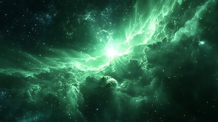 Aufkleber - Mesmerizing Green Cosmic Nebula In Space With Green Glowing Clouds and Lights