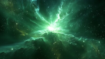 Aufkleber - Mesmerizing Green Cosmic Nebula In Space With Green Glowing Clouds and Lights
