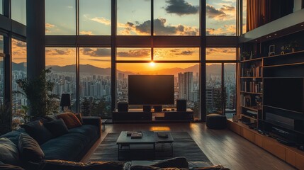 Poster - Luxury penthouse suite with panoramic city views, high-end furnishings, and a private balcony at sunset. A dream stay experience. Copy space available.
