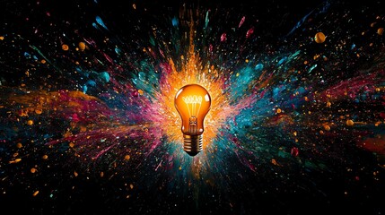 Poster - Bright Light Bulb Surrounded by Colorful Paint Splashes Creates a Vibrant Explosion of Color in a Dark Background