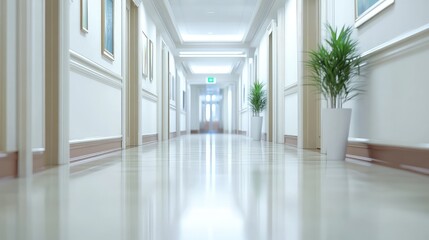 Poster - Modern business hotel corridor with polished floors, stylish artwork on the walls, and a welcoming atmosphere. A sleek, professional space. Copy space included.