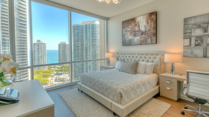 Poster - Modern business hotel guest room with a luxurious bed, work desk, and large window showcasing stunning city views. A comfortable, functional space for business travelers. Copy space included.