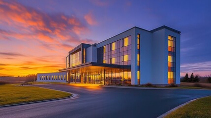 Poster - Modern hotel building with sleek design, large windows, and stylish lighting at dusk. Contemporary exterior with a welcoming ambiance. Copy space included.