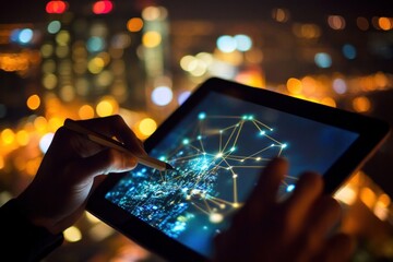 Poster - Night city view, person using tablet, network connections.