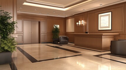 Poster - Quiet business hotel lounge with leather chairs, polished wood surfaces, and soft lighting, providing a sophisticated space for business guests to relax or work. Copy space available.